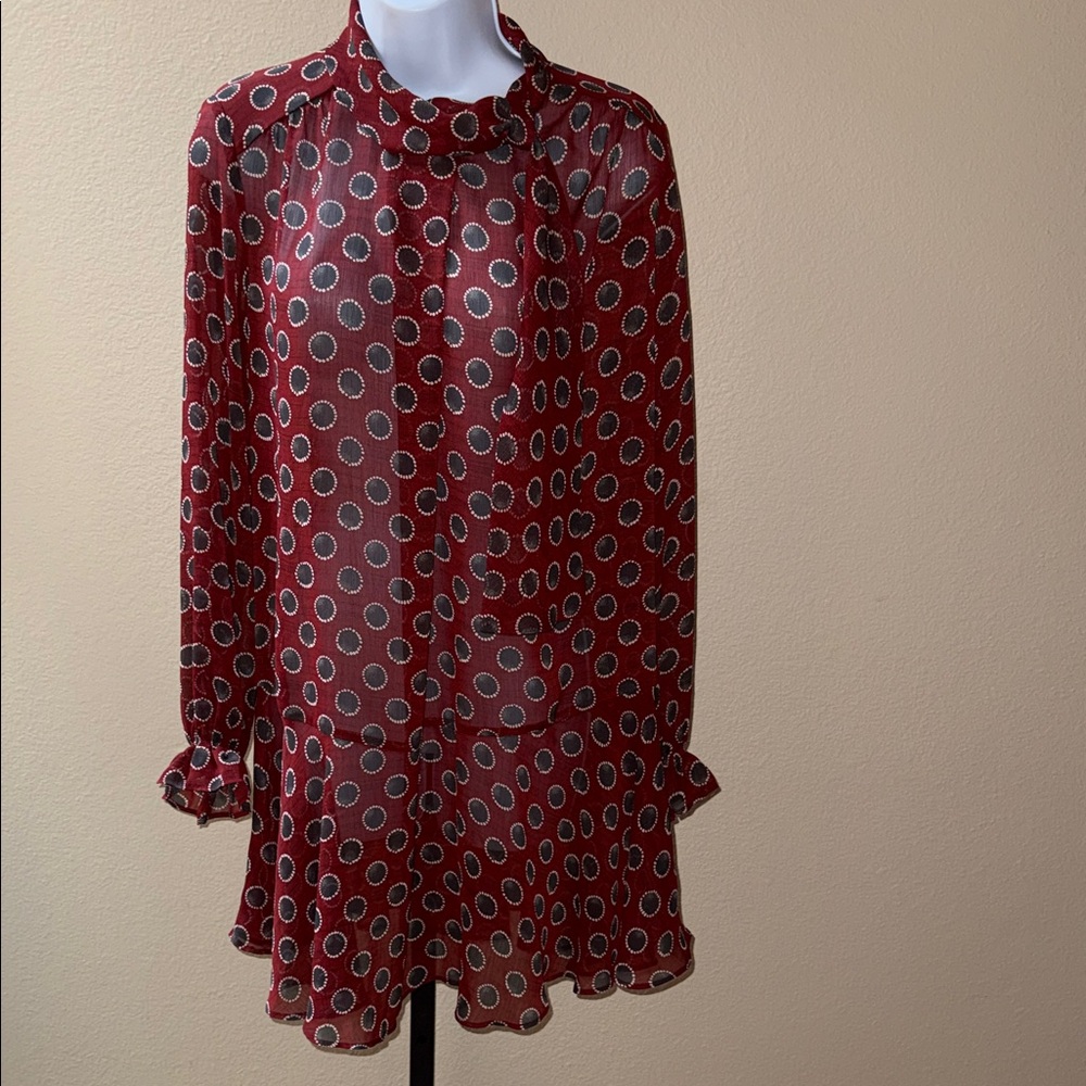 Mango Suit Polka Dot Sheer Mini Dress Burgundy Gray Polka Dots Women’s Size 4